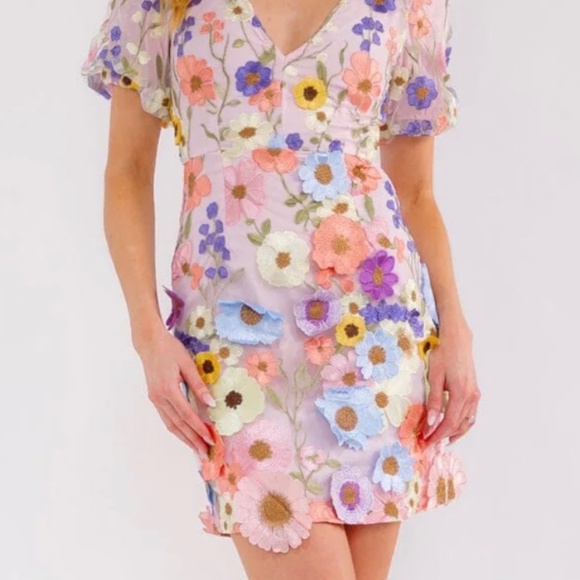 WOMEN'S 3D FLORAL BODYCON MINI DRESS WITH PUFF SLEEVES - Picture 3 of 13